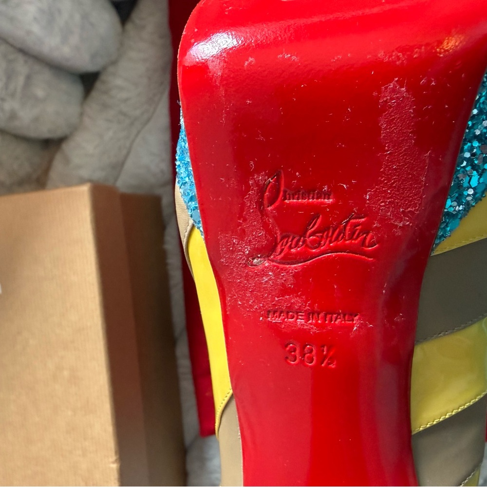 Christian Louboutin Foraine Yellow and Beige Heels with Blue Glitter Platform - Picture 10 of 10